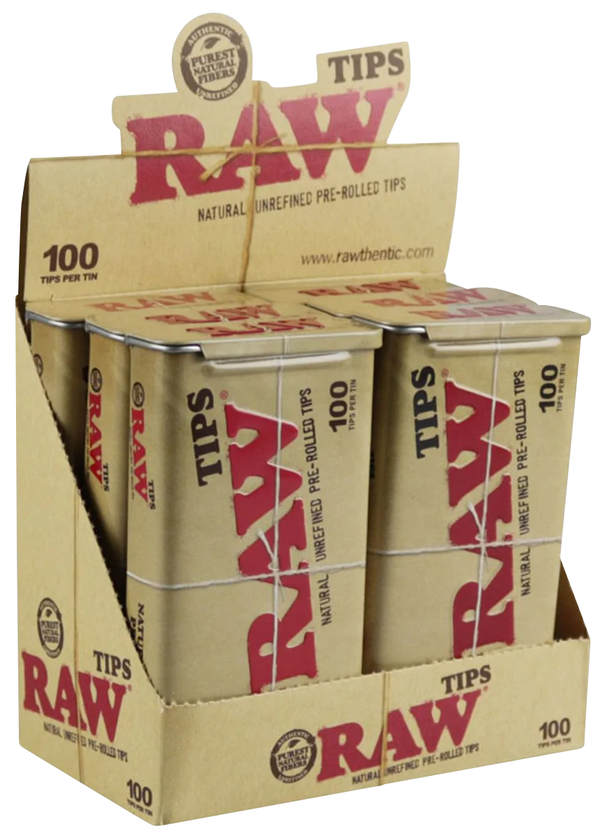 RAW Natural Unrefined Pre-Rolled Tips 100 Count Display Box Front View for Rolling
