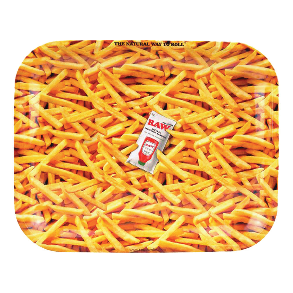 RAW Rolling Tray - French Fries design, 13" x 11" metal tray with rounded corners, top view