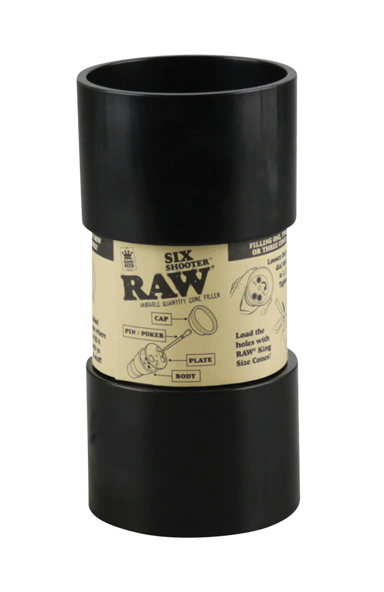 RAW Six Shooter Cone Filler for King Size Cones, Front View on Seamless White Background