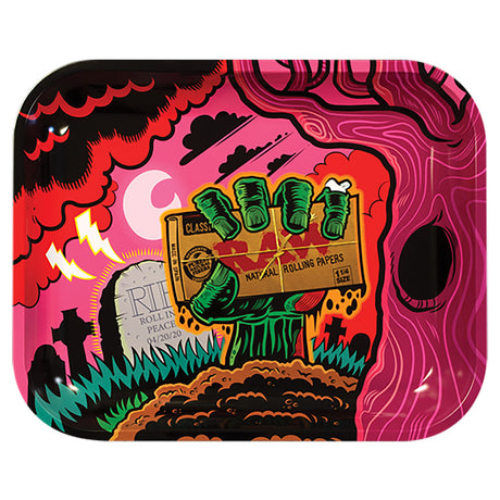 RAW Zombie Metal Rolling Tray with vibrant zombie-themed graphics, 13" x 11" size, top view