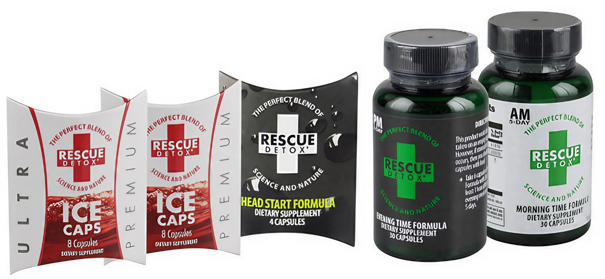 Rescue Detox 5 Day Detox Kit with capsules and dietary supplement bottles on white background