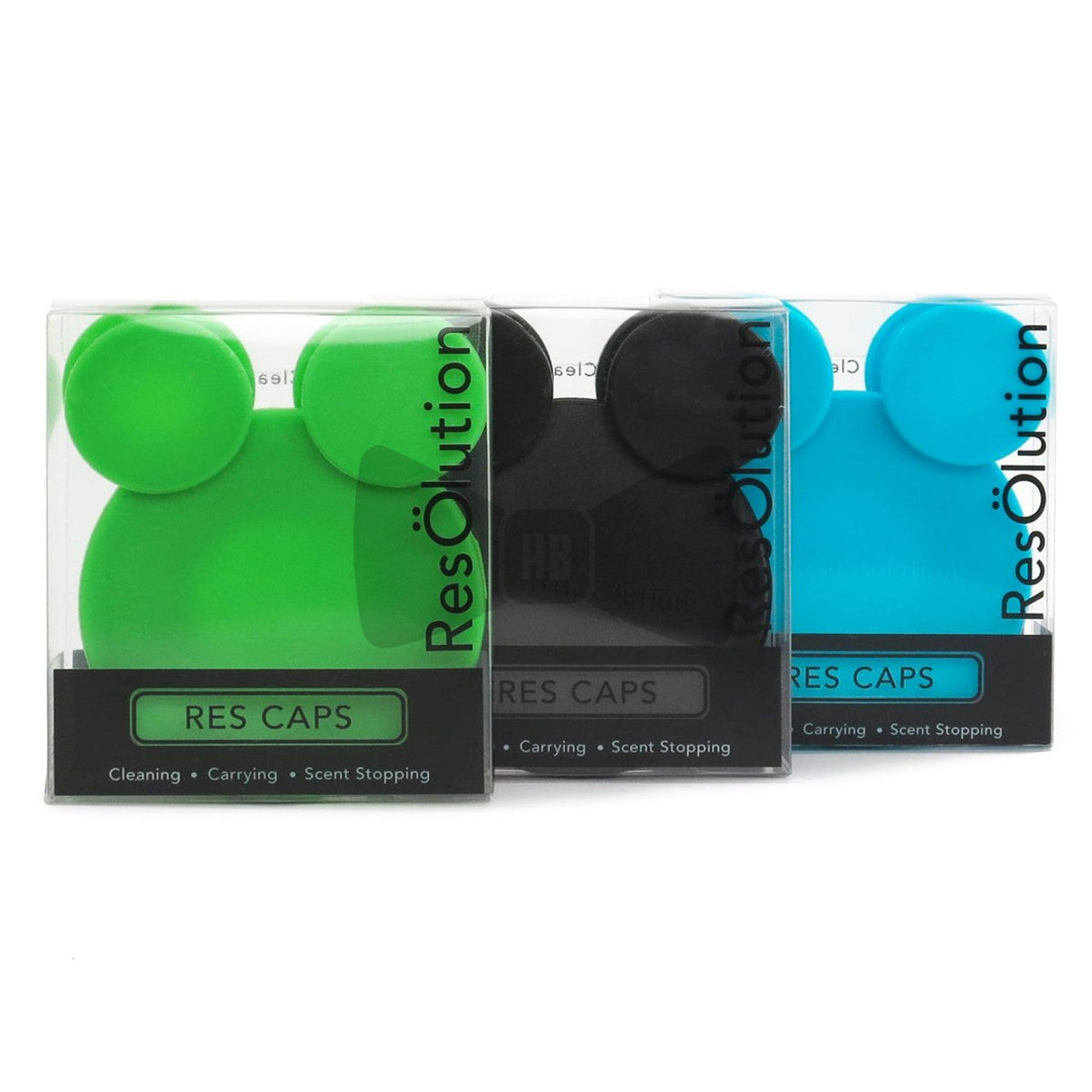 Resolution Caps in black, green, and blue, silicone bong cleaning accessories, front view
