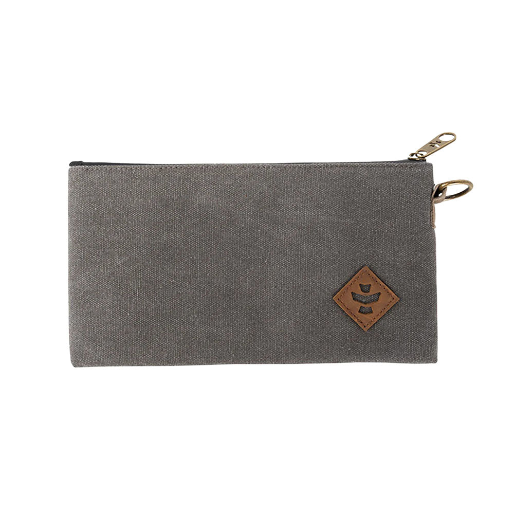 Revelry Broker Smell Proof Stash Bag in Ash, 11"x6" canvas with secure zipper and logo