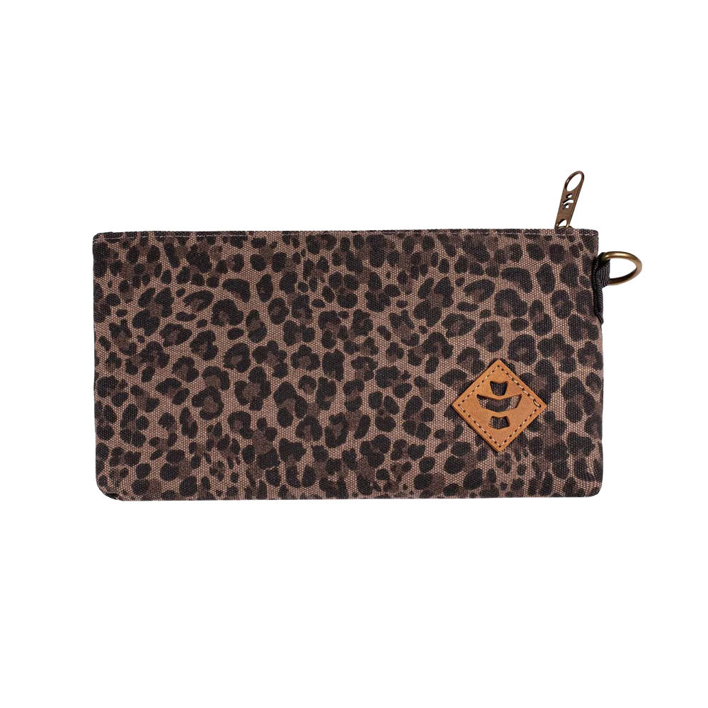 Revelry Broker Leopard Print Smell Proof Stash Bag 11"x6" front view on white background