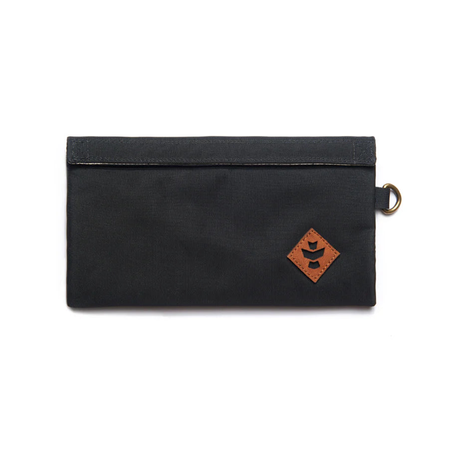 Revelry Supply Confidant black silicone pouch front view with logo and keyring