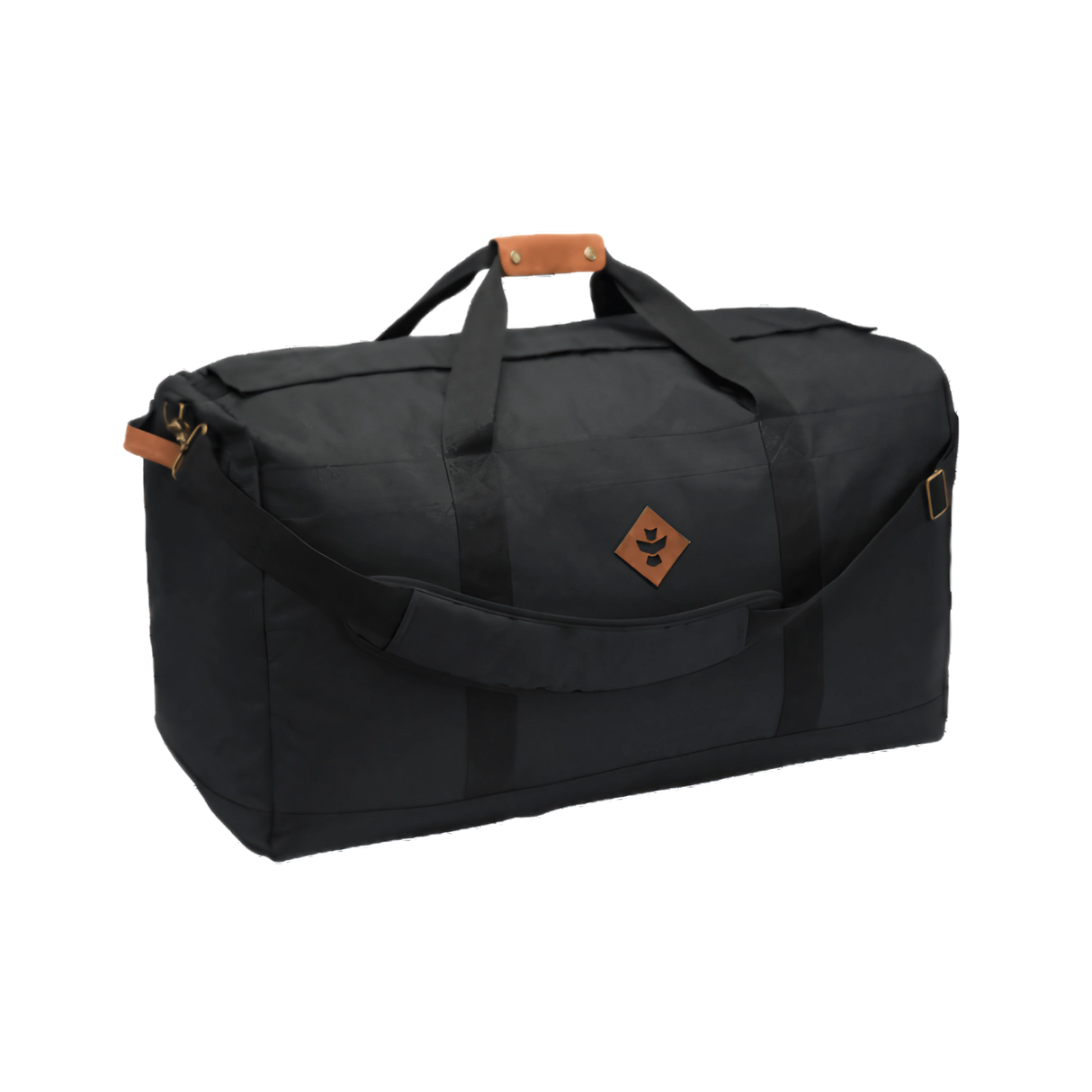 Revelry Supply Continental medium-sized black duffel bag with rubber material and durable straps, front view