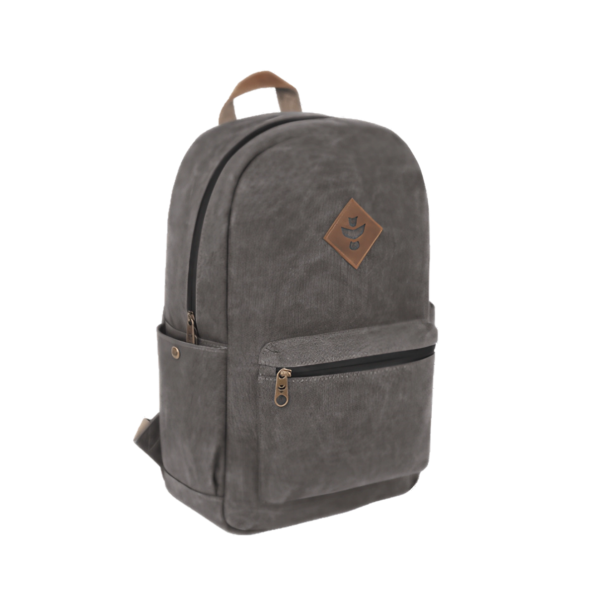 Revelry Supply Escort backpack in grey, front view on white background, smell-proof with rubber and silicone