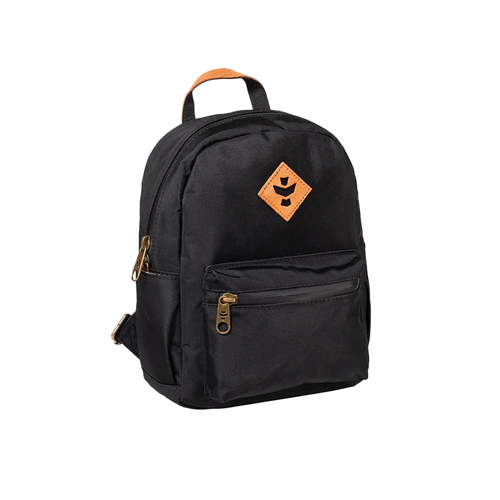Revelry Supply Shorty Smell Proof Mini Backpack in Black, front view, with durable canvas material