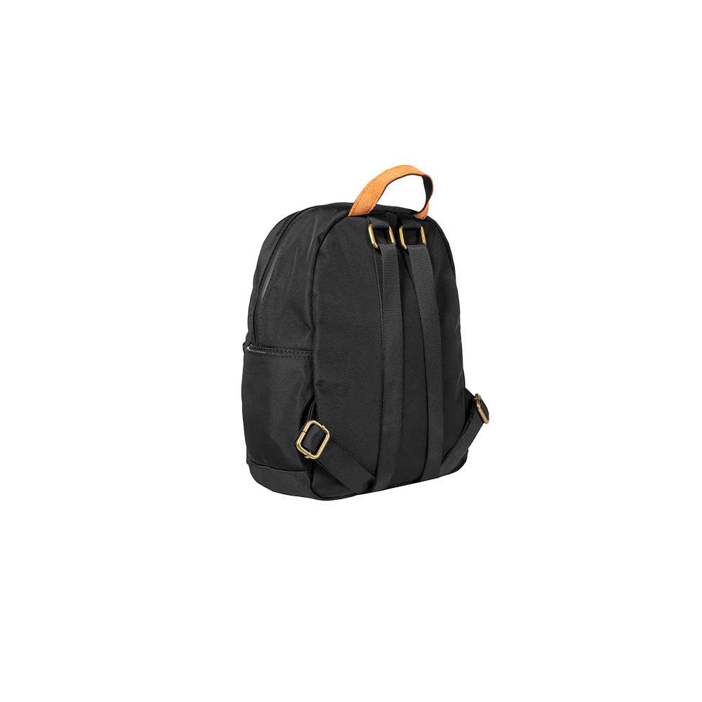 Revelry Supply Shorty Smell Proof Mini Backpack in black canvas, side view with tan accents