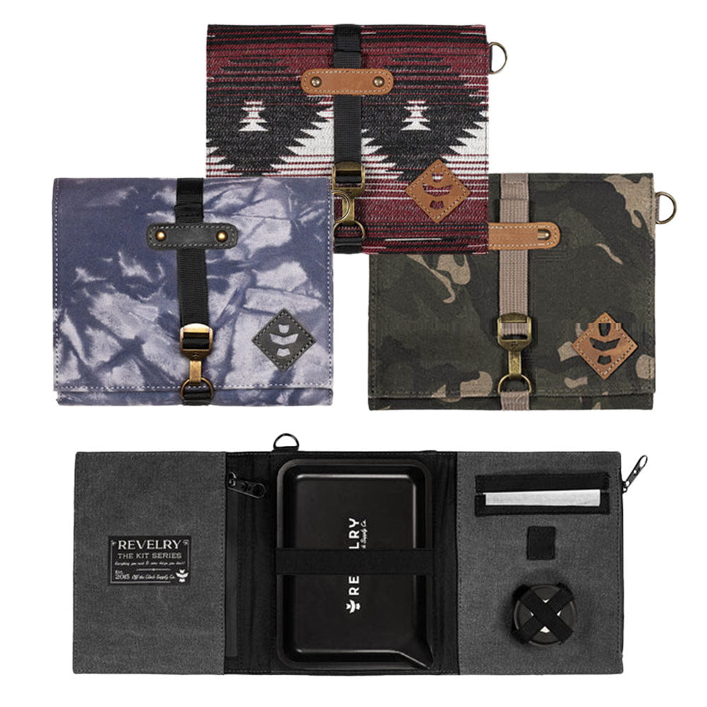 Revelry Supply Smell Proof Rolling Kit in various patterns, open and closed views