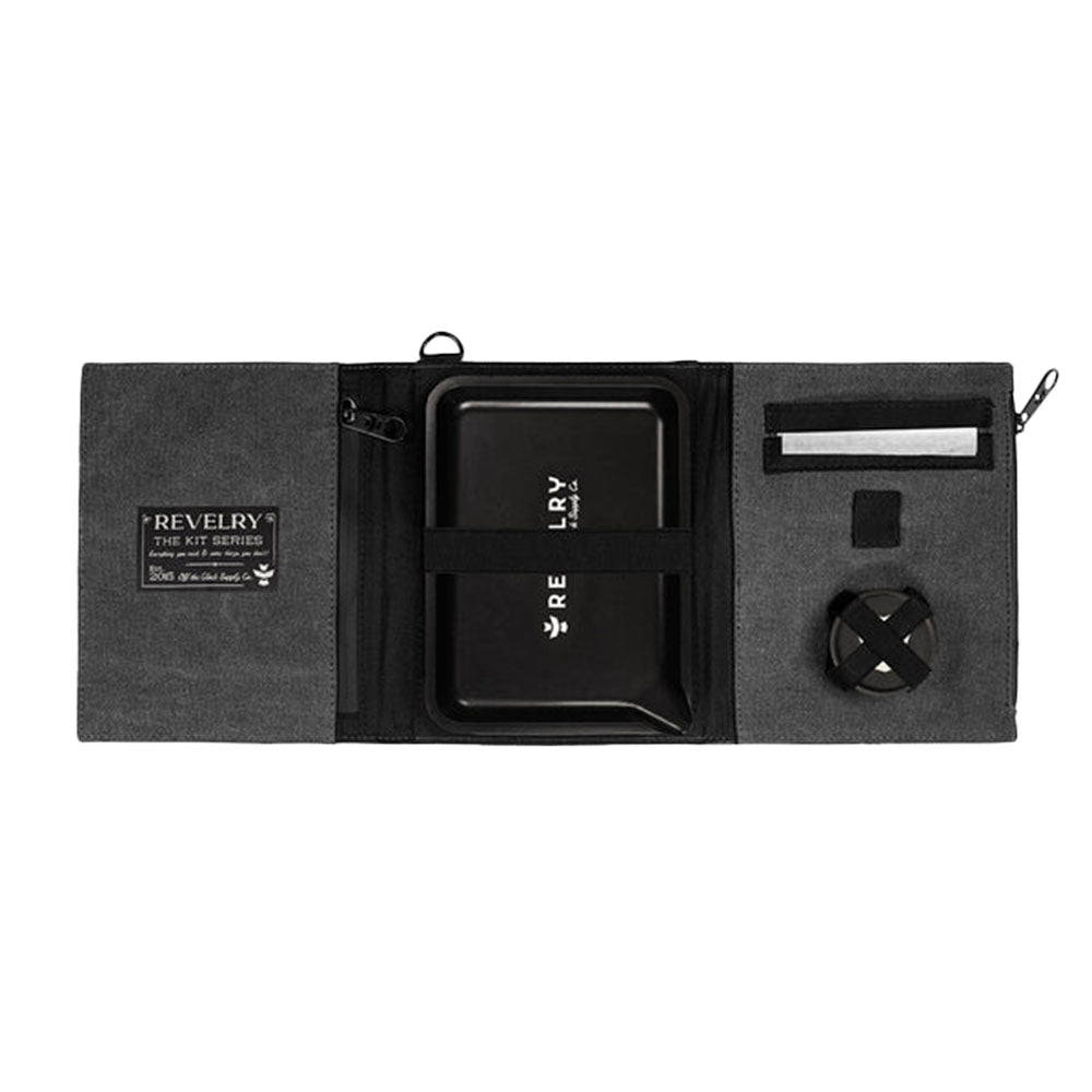 Revelry Supply Smell Proof Rolling Kit open view with compartments for accessories