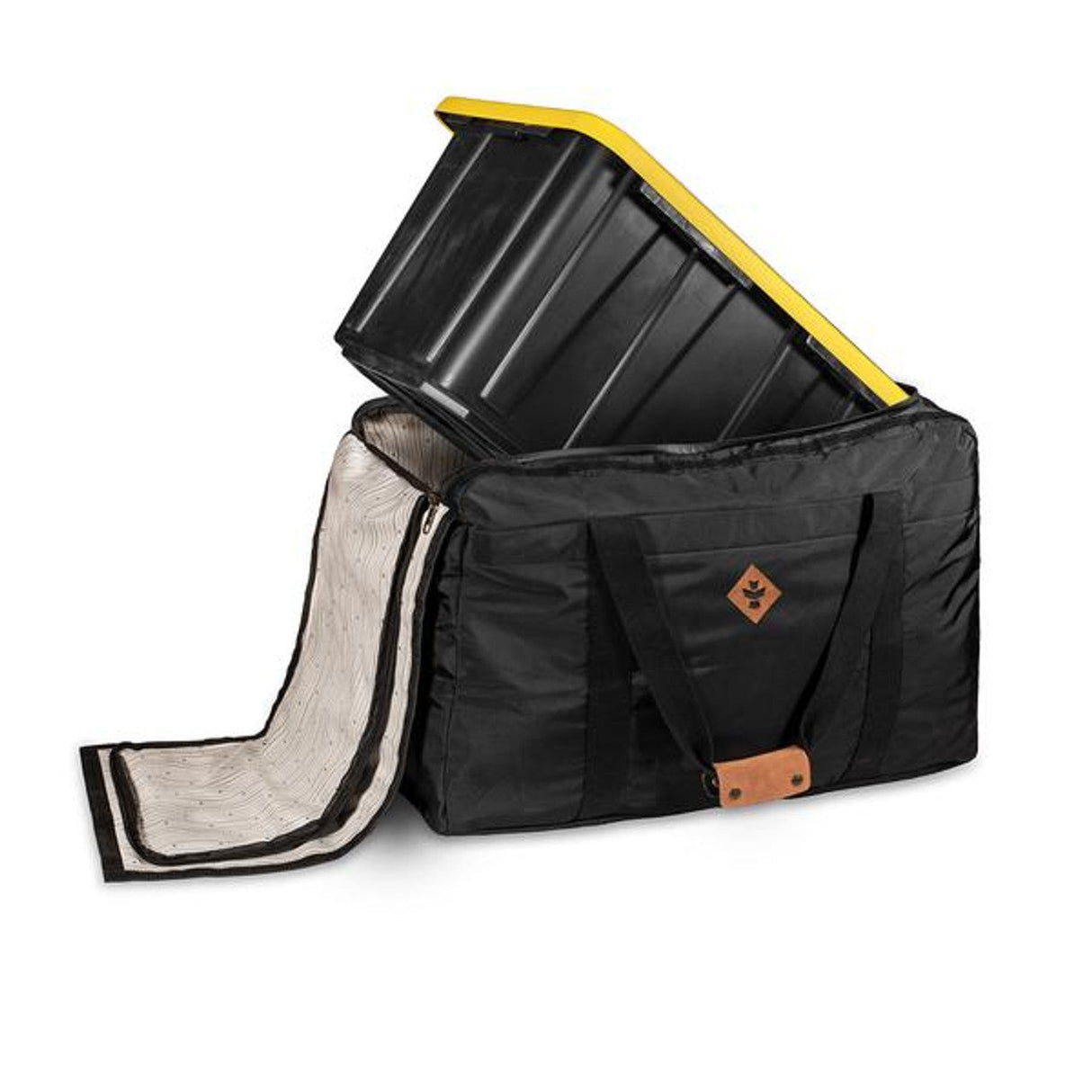 Revelry Supply - The Handler, black smell-proof rubber duffle bag, open to show interior