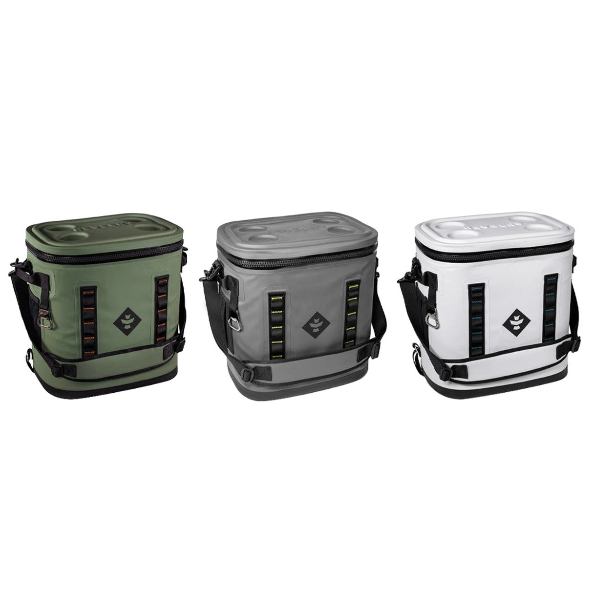 Revelry Supply - The Nomad Soft Cooler Backpacks in green, grey, and white, front view
