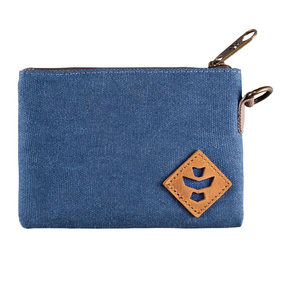 Revelry The Mini Broker Stash Bag in Marine, 6" x 4.5" canvas with leather logo, front view