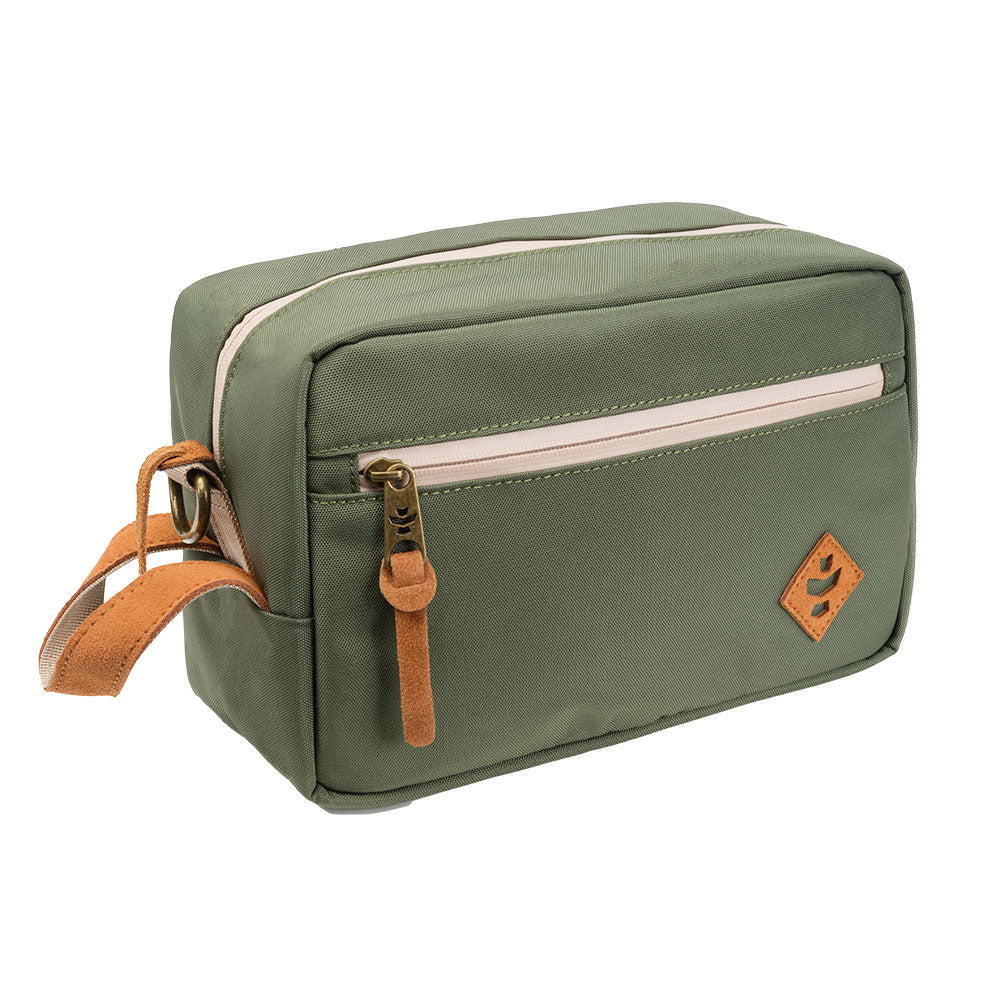 Revelry The Stowaway Smell Proof Toiletry Bag in Olive Green, Front View with Leather Accents