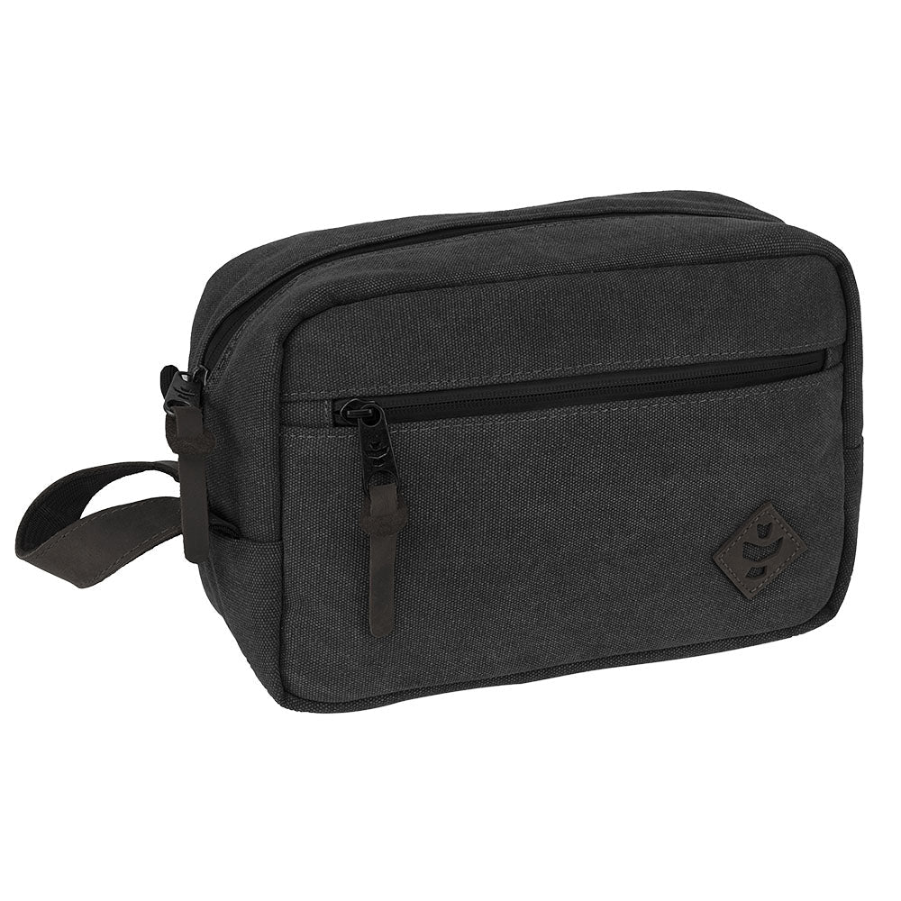 Revelry The Stowaway 11" x 6" Smell Proof Toiletry Bag in Black, Front View on White Background