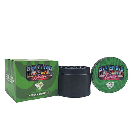 Ric Flair Drip Black Aluminum Grinder, 4pc set with logo, 2.25" diameter, front view with box