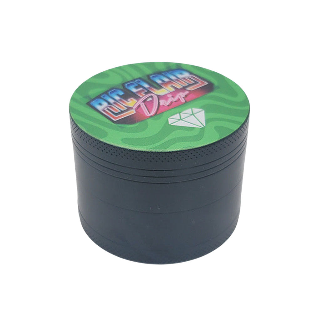 Ric Flair Drip Black Aluminum Grinder, 4-piece, 2.25" diameter, top view with logo