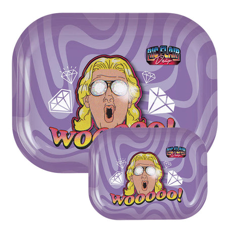 Ric Flair Drip Metal Rolling Tray with Woooo! design, black and purple, top view