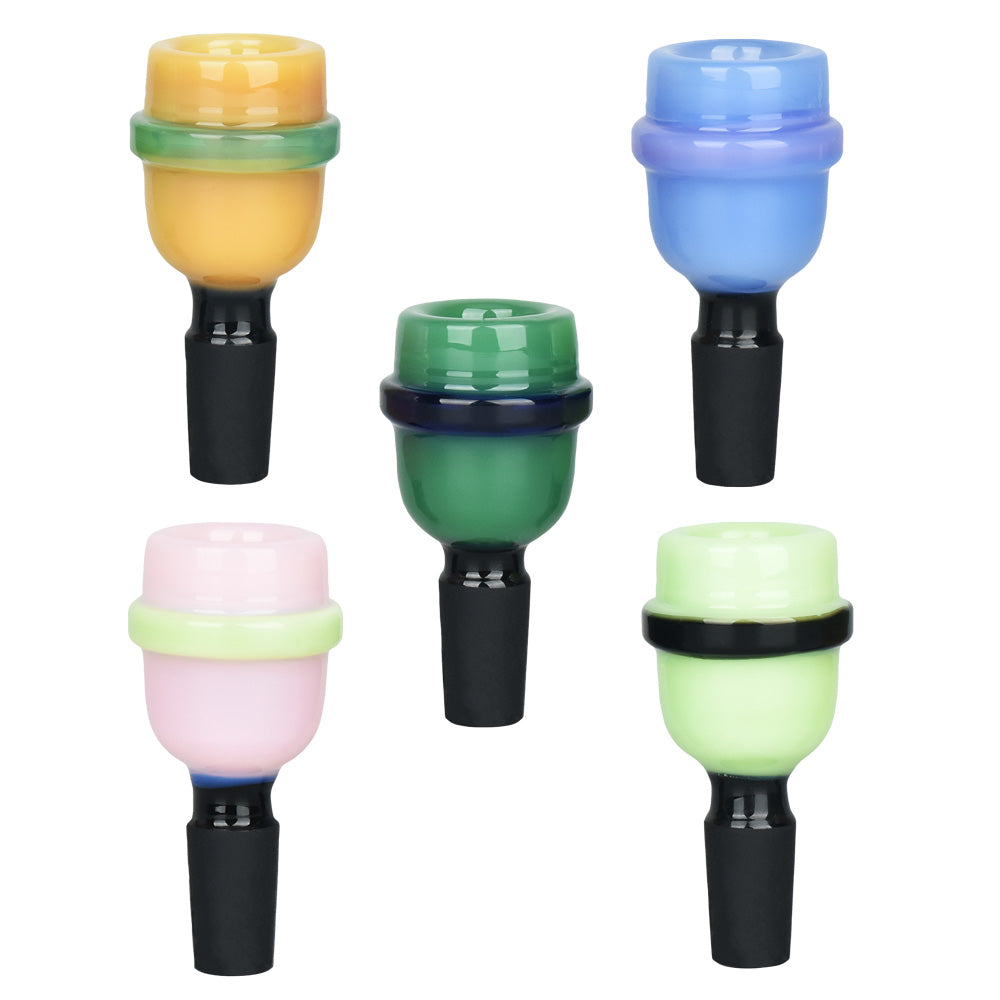 Assorted 14mm Ring Around The Bowly Herb Slides made of Borosilicate Glass, front view