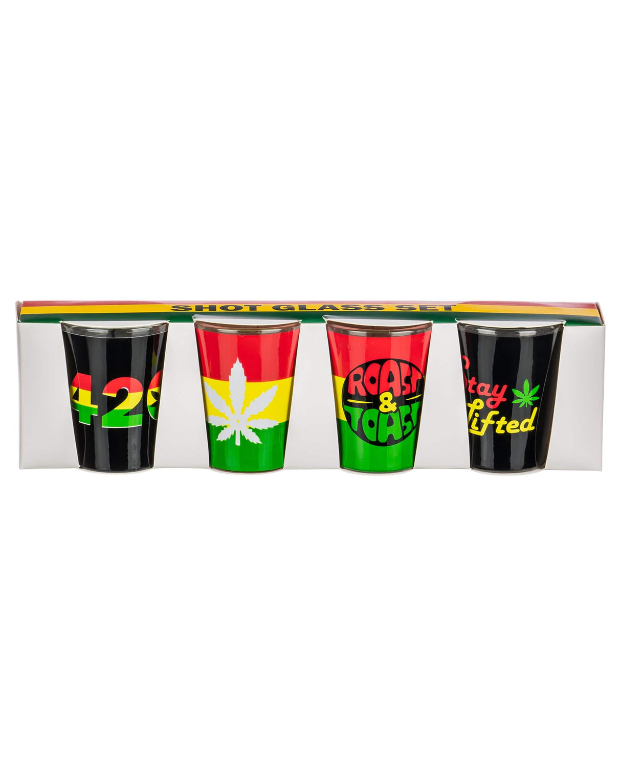 Roast & Toast 420 Ceramic Shot Glass Set in Black, Green, Rasta Colors - Front View
