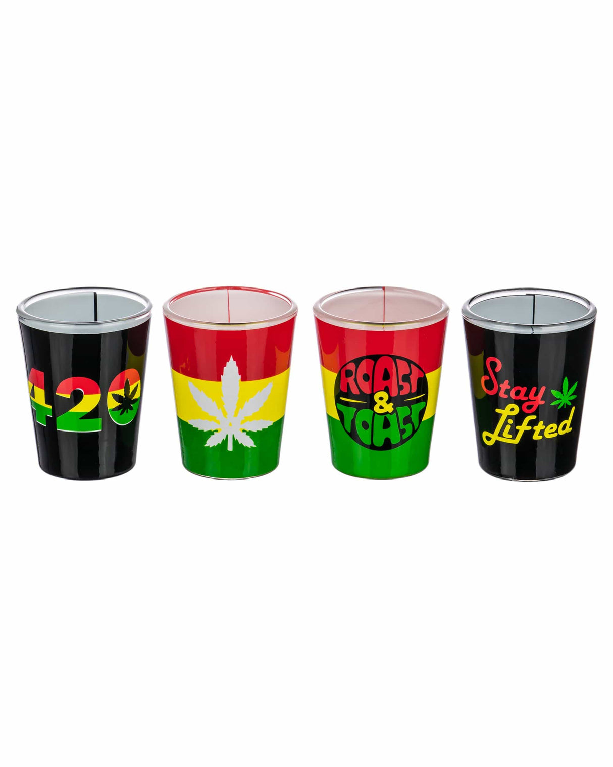 Roast & Toast 420 Ceramic Shot Glass Set with Rasta and Cannabis Leaf Designs
