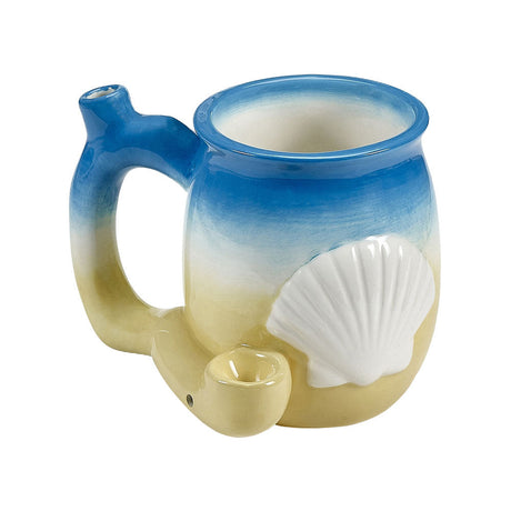 Roast & Toast Ceramic Pipe Mug shaped like a beach shell in blue and tan, perfect for dry herbs