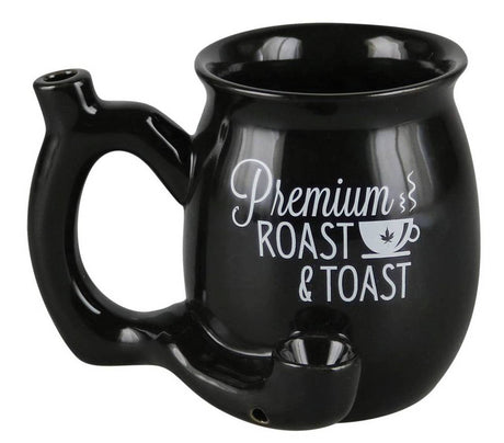 Fashion Craft Roast & Toast Ceramic Mug in Black, Small Size with Pipe Feature - Front View