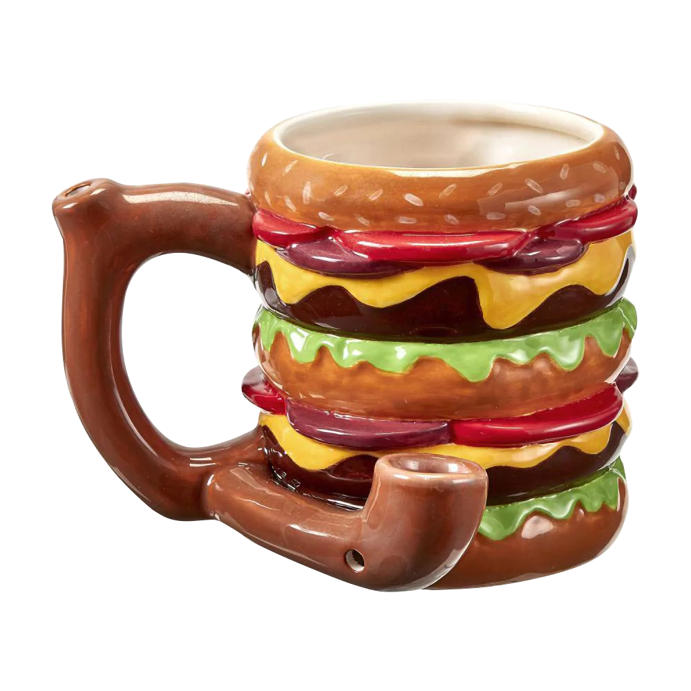 Roast & Toast Ceramic Mug Pipe shaped like a cheeseburger, 18 oz, front view on white background
