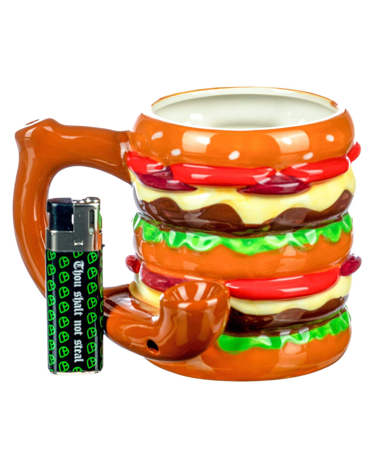 Roast & Toast Ceramic Cheeseburger Mug Pipe for Dry Herbs - Front View with Lighter