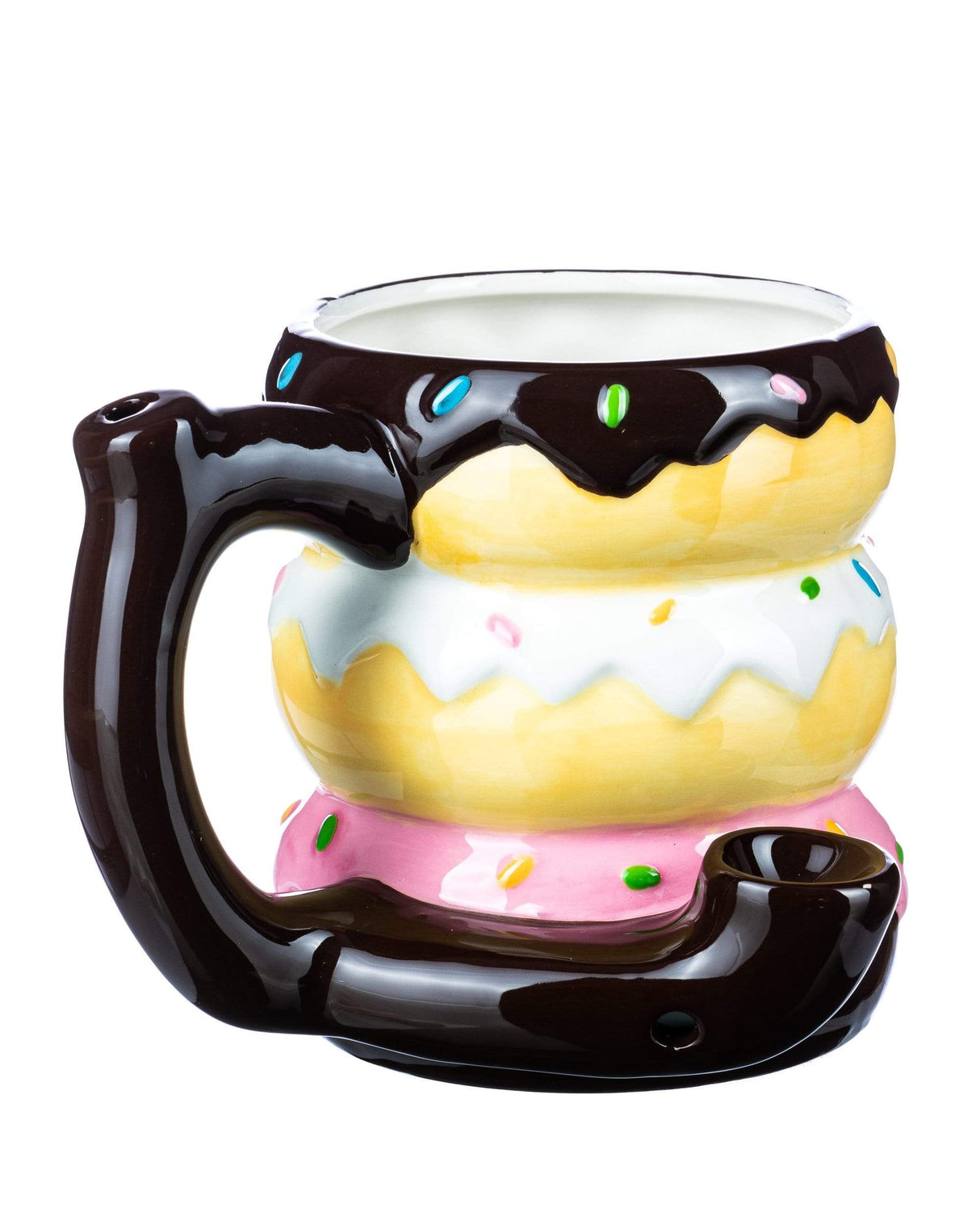 Roast & Toast Ceramic Doughnuts Pipe Mug in Black, Brown, Pink & White, Front View - For Dry Herbs