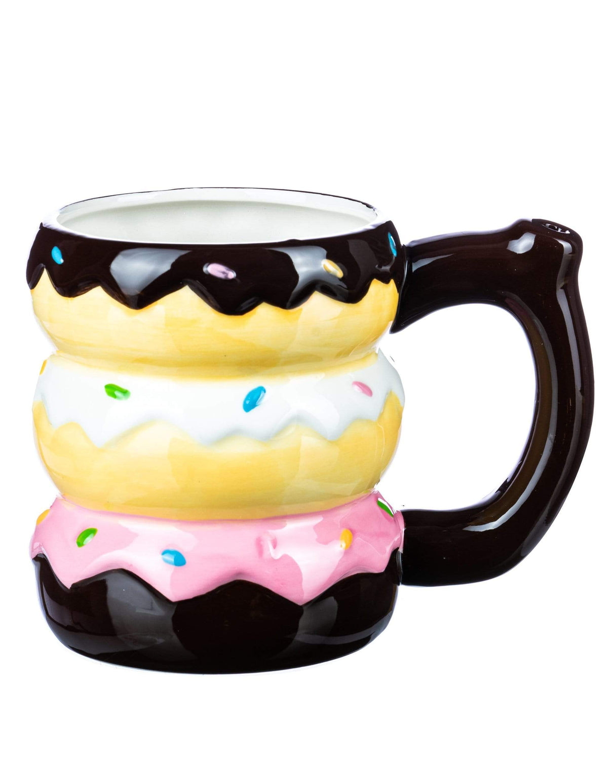 Roast & Toast Ceramic Doughnuts Pipe Mug in Black, Pink & White - Front View