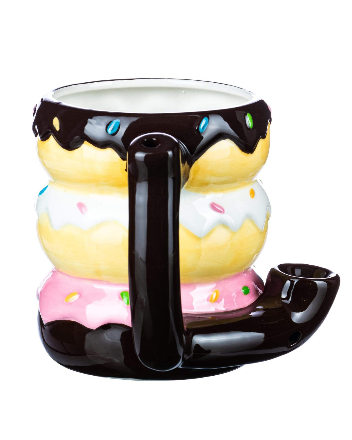 Roast & Toast Ceramic Doughnuts Pipe Mug in Black, Pink, and Brown - Front View