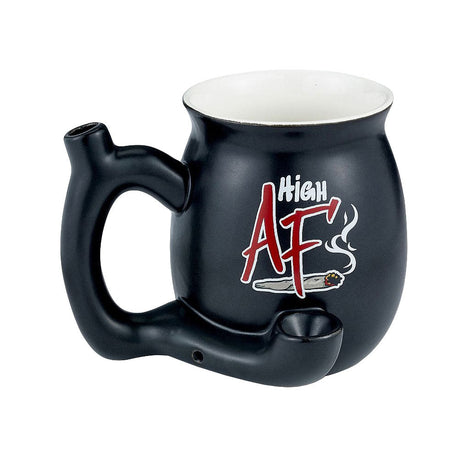 Roast & Toast Ceramic Pipe Mug in Black with 'High AF' Design, 11oz - Front View