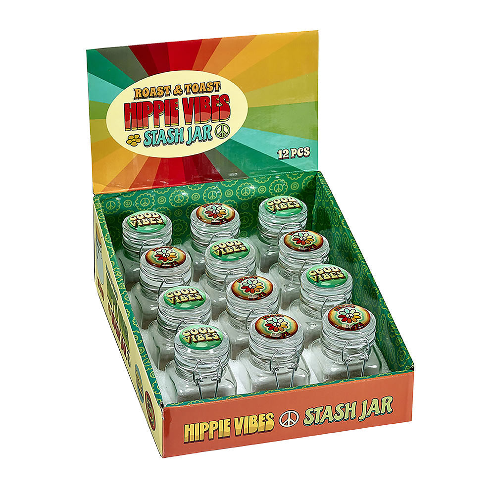 Roast & Toast Hippie Vibes Stash Jars, 1/8oz, 12pc Display, Clear Borosilicate Glass, Front View