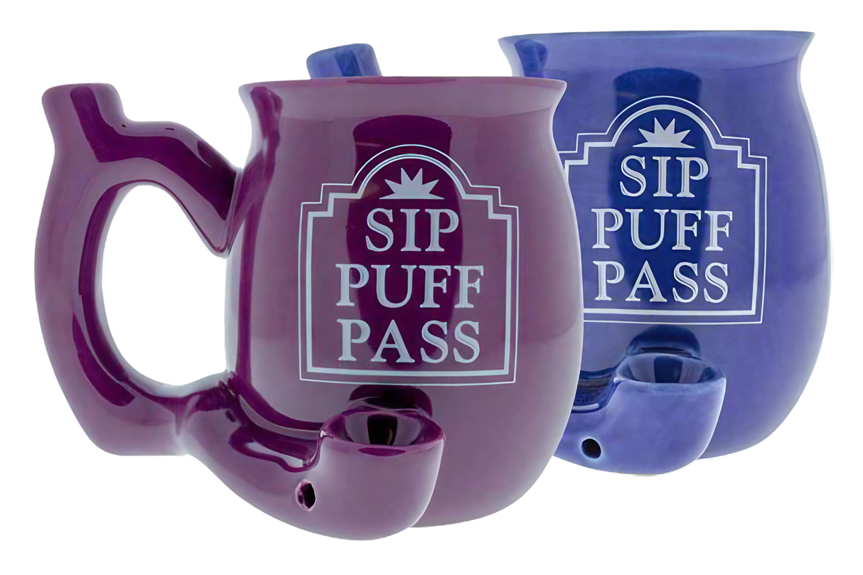 Roast & Toast Ceramic Mug Pipes in purple and blue with 'SIP PUFF PASS' design, front view