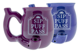 Roast & Toast Ceramic Mug Pipes in purple and blue with 'SIP PUFF PASS' design, front view