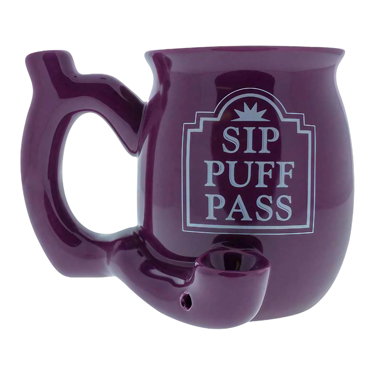 Roast & Toast Ceramic Mug Pipe in Purple - Front View with Sip Puff Pass Design
