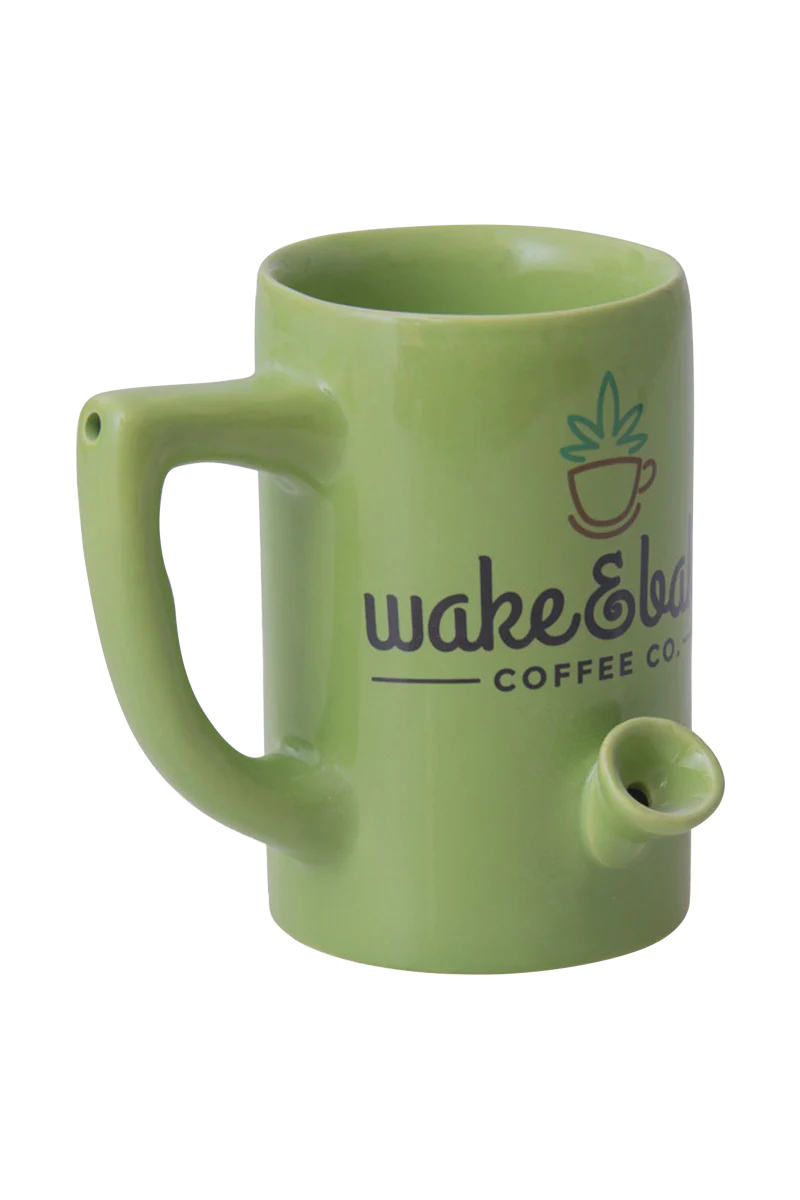 Roast & Toast Green Ceramic Mug Pipe for Dry Herbs, Front View with Smokeable Handle