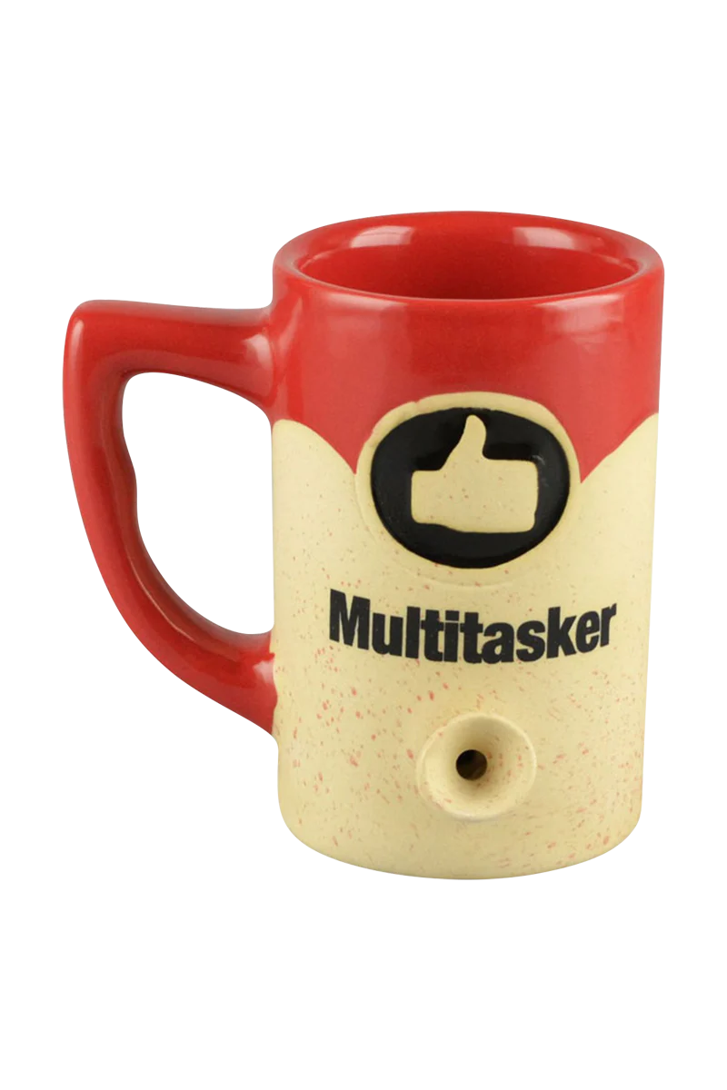Roast & Toast Ceramic Mug Pipe in Rasta colors, front view with 'Multitasker' text and smoking bowl feature