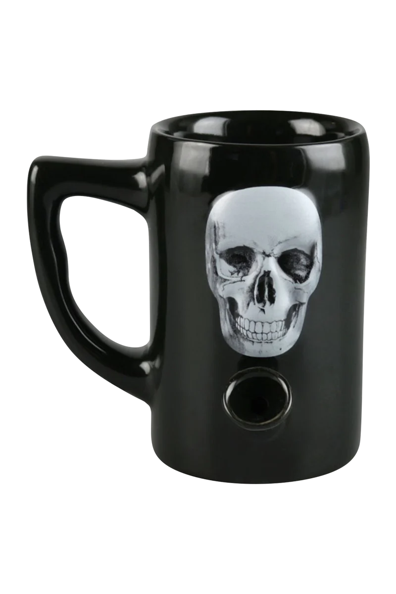 Roast & Toast Ceramic Mug Pipe with Skull Design, Front View - Novelty Wake & Bake Mug