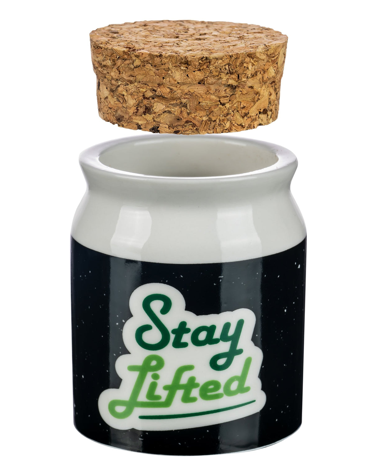 Roast & Toast 'Stay Lifted' black ceramic stash jar with cork lid, front view on white background