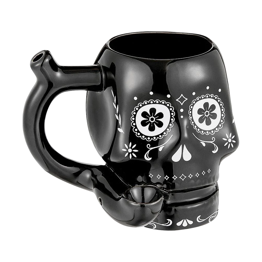 Roast & Toast Sugar Skull Ceramic Pipe Mug in Black, 15 oz, Front View