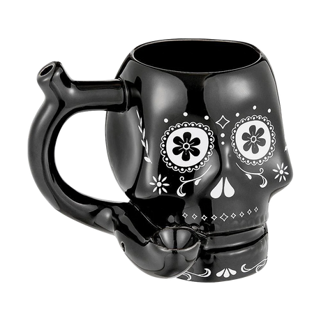 Roast & Toast Sugar Skull Ceramic Pipe Mug in Black, 15 oz, Front View