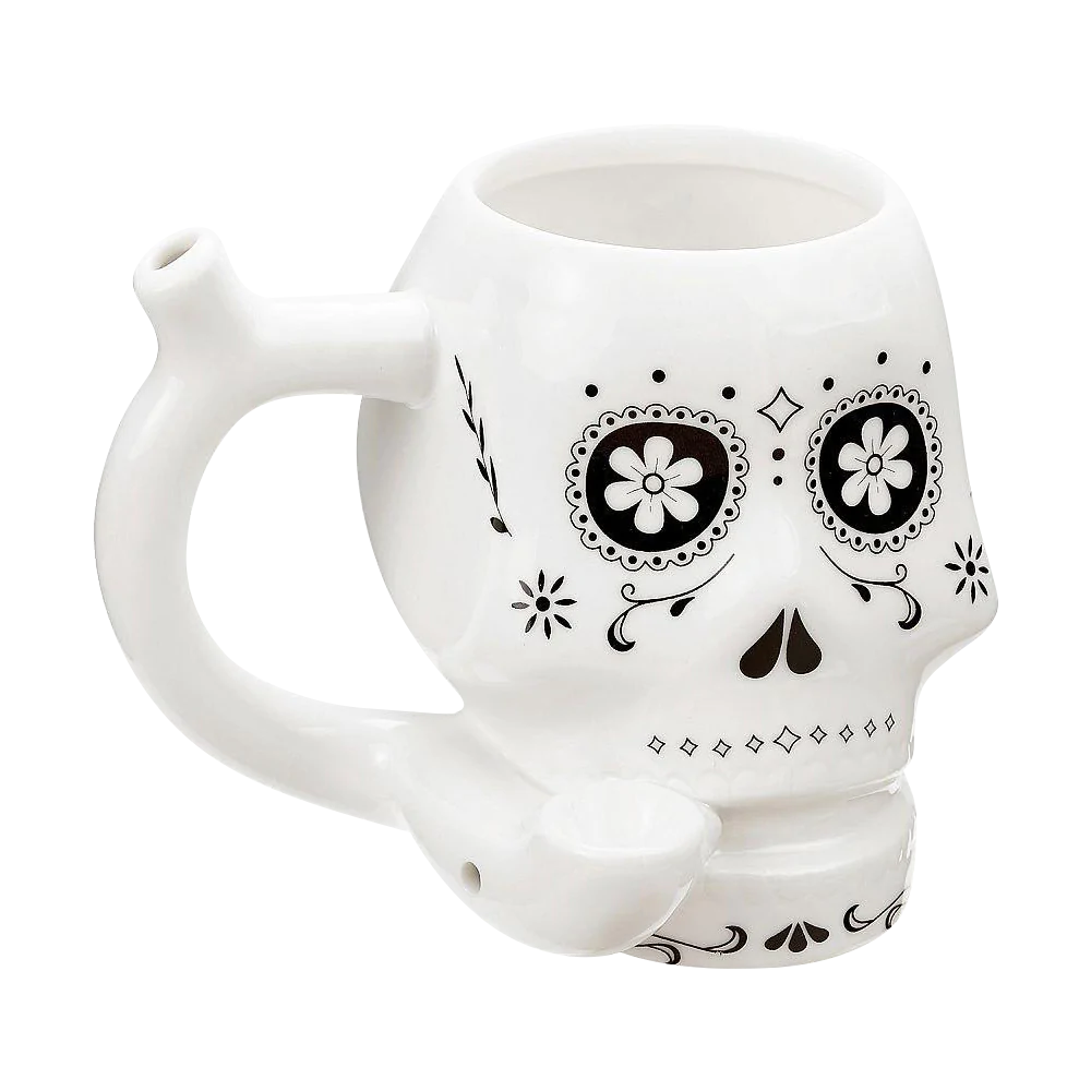Roast & Toast Ceramic Pipe Mug with Sugar Skull design, 15 oz - Front View on White Background