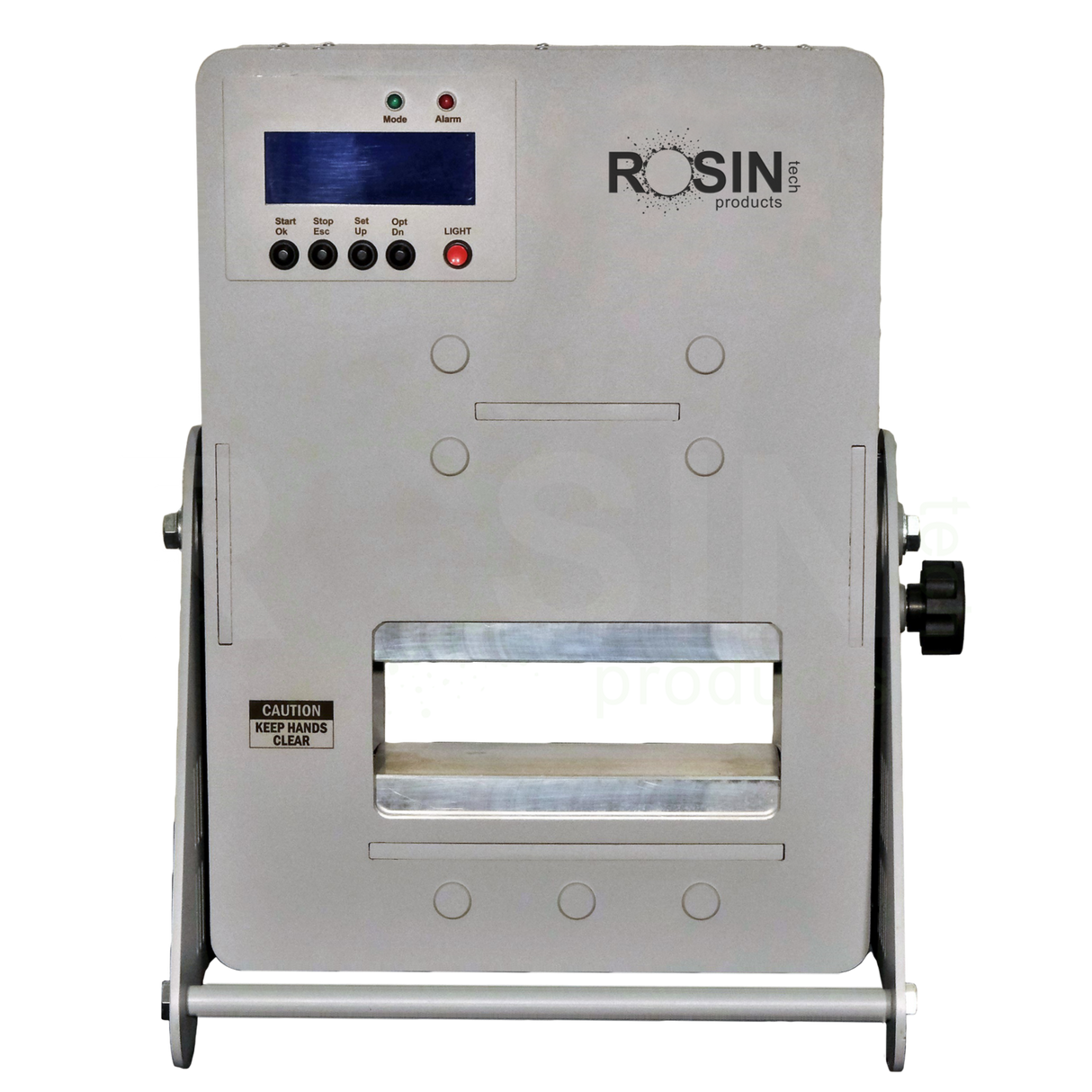 Rosin Tech Precision Rosin Press in gray, desktop plug-in design for dry herbs, front view