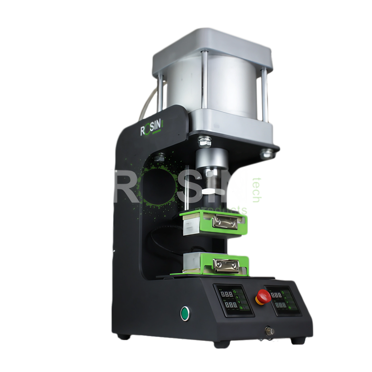 Rosin Tech Squash™ black aluminum desktop rosin press for dry herbs, front view on white background