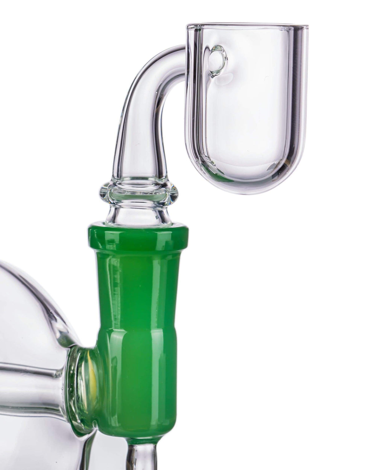 Close-up of Rounded Quartz Banger with 45 Degree Joint for Dab Rigs, Clear and Green