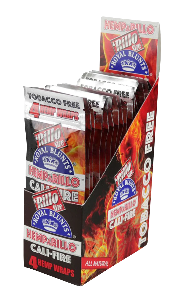 Royal Blunts Hemparillo Hemp Wraps Cali Fire flavor, 15-pack display box, tobacco-free, angled view