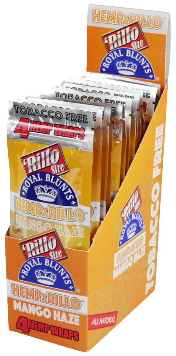 Royal Blunts Hemparillo Hemp Wraps 15 Pack in Mango Haze flavor, displayed in an open box